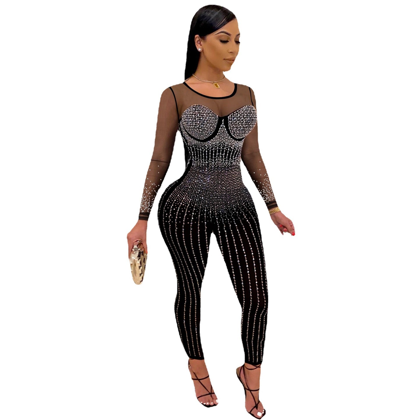 Women's Mesh Ironing Drill See-through Jumpsuit Long-sleeved Nightclub Clothes