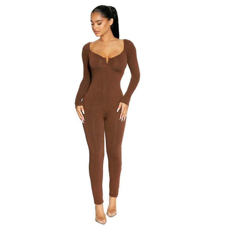 Stretch Big Collar Stretch Solid Color Jumpsuit Long Sleeve Sexy Women