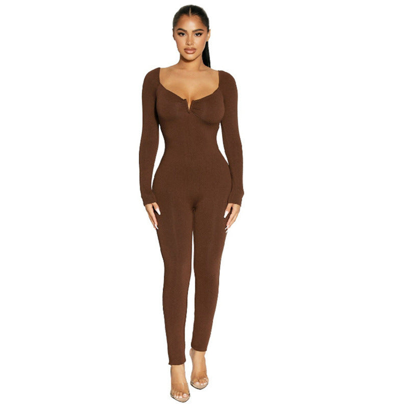 Stretch Big Collar Stretch Solid Color Jumpsuit Long Sleeve Sexy Women