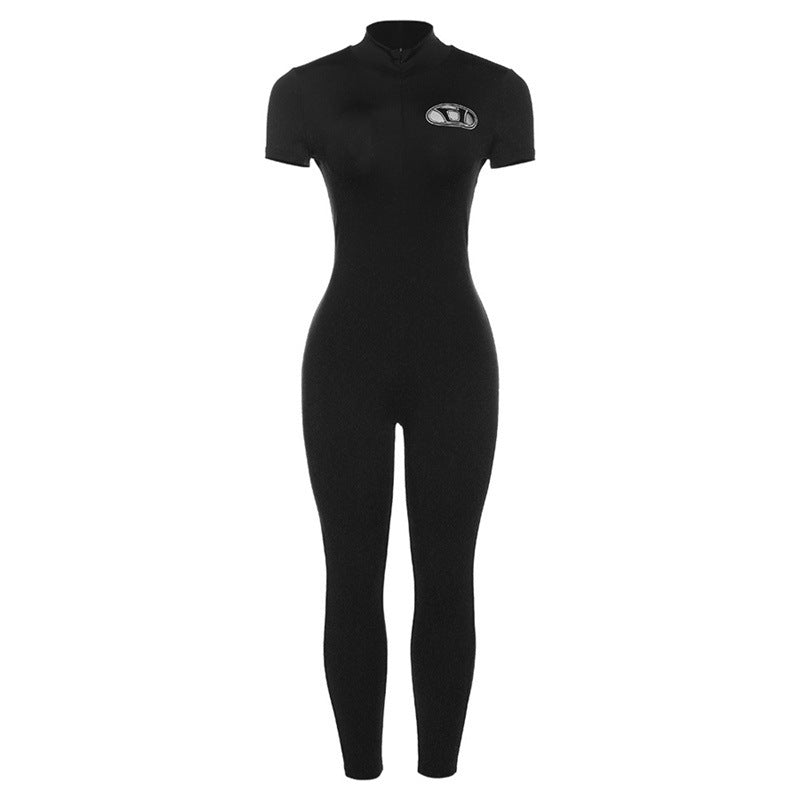 Embroidered High Waist Tight Sports Fitness Jumpsuit